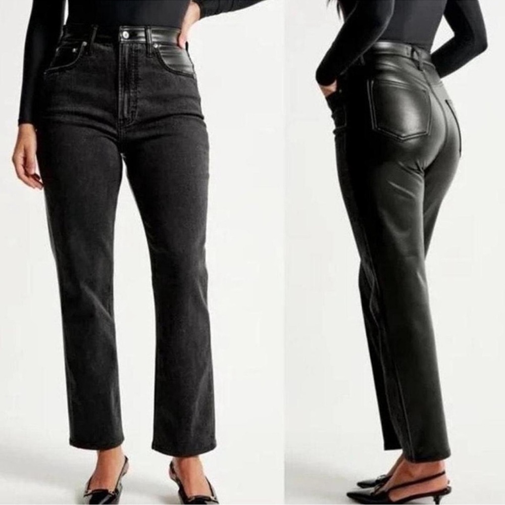 NWT Abercrombie & Fitch $140 Half faux Leather Half Denim high rise straight 24